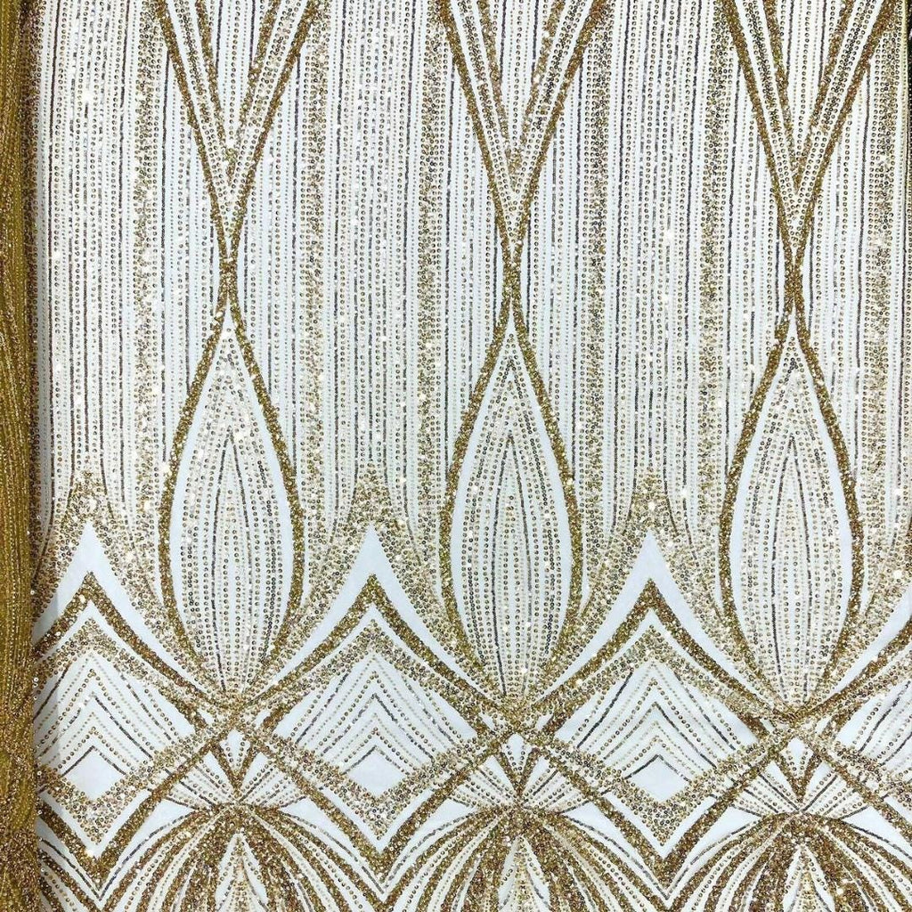 CHAMPAGNE - Geometric Luxury Lace  - Beaded Design with Embroidered Sequins and Beads On a Mesh Lace Fabric for Prom Dress By The Yard