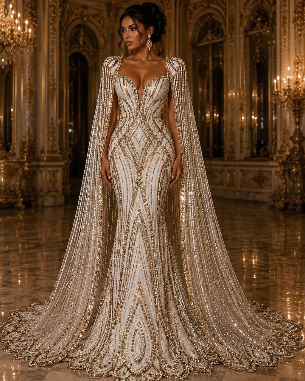 CHAMPAGNE - Geometric Luxury Lace  - Beaded Design with Embroidered Sequins and Beads On a Mesh Lace Fabric for Prom Dress By The Yard