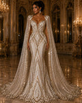 CHAMPAGNE - Geometric Luxury Lace  - Beaded Design with Embroidered Sequins and Beads On a Mesh Lace Fabric for Prom Dress By The Yard
