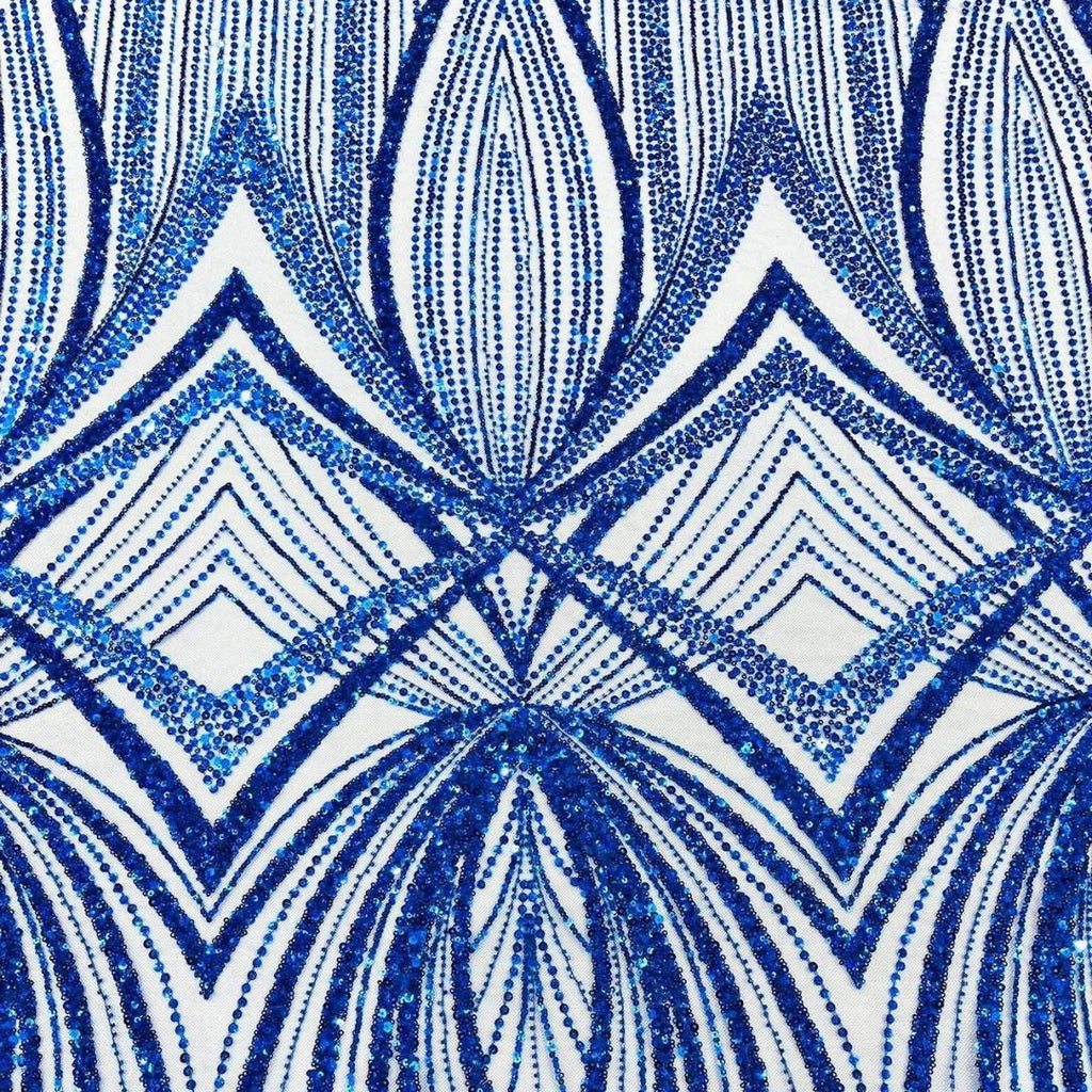 ROYAL BLUE - Geometric Luxury Lace  - Beaded Design with Embroidered Sequins and Beads On a Mesh Lace Fabric for Prom Dress By The Yard