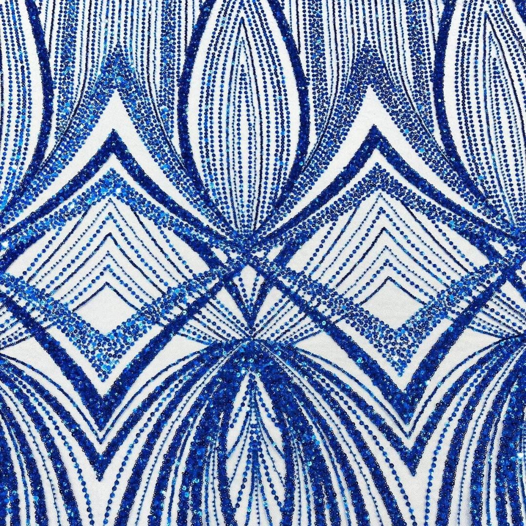 ROYAL BLUE - Geometric Luxury Lace  - Beaded Design with Embroidered Sequins and Beads On a Mesh Lace Fabric for Prom Dress By The Yard