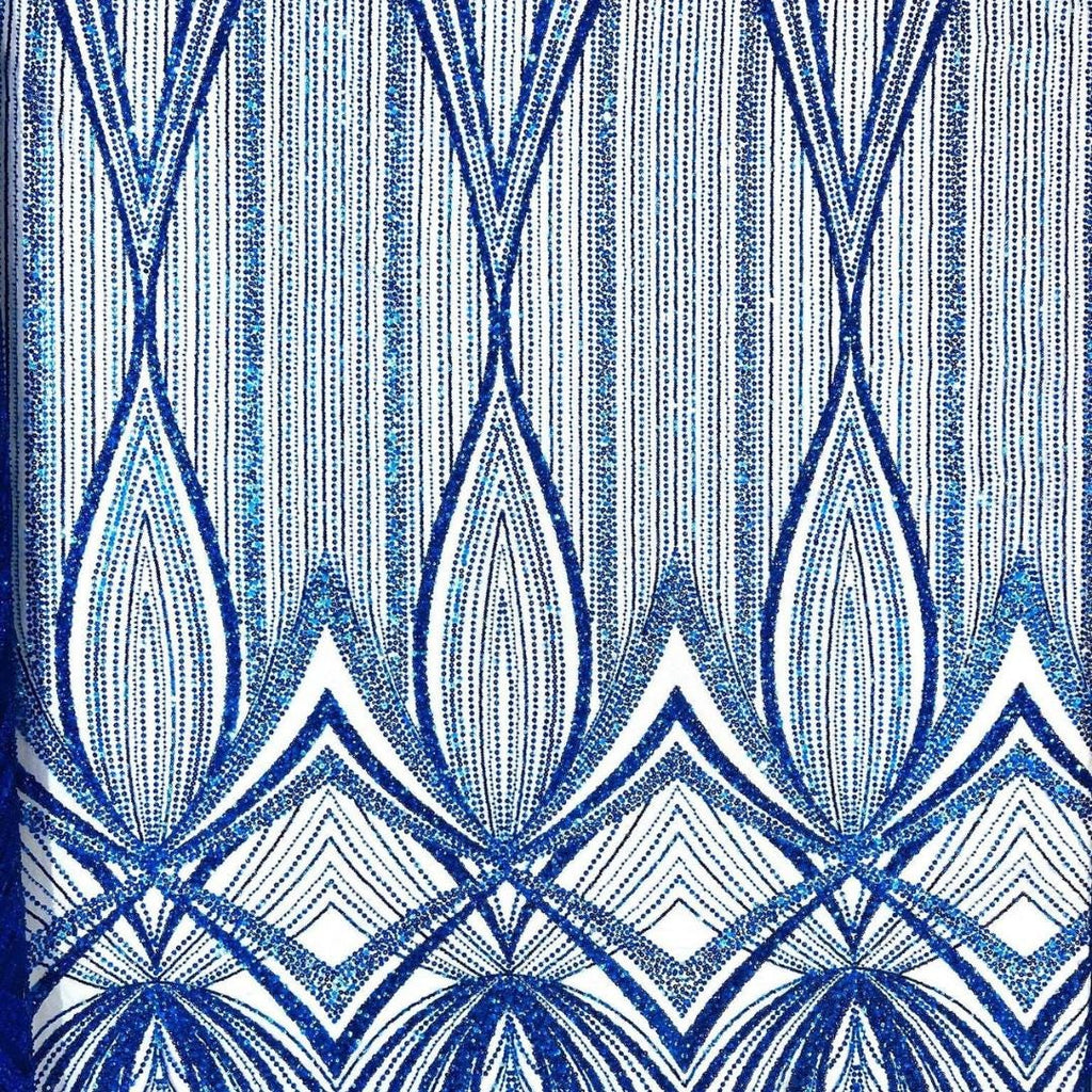 ROYAL BLUE - Geometric Luxury Lace  - Beaded Design with Embroidered Sequins and Beads On a Mesh Lace Fabric for Prom Dress By The Yard