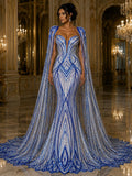 ROYAL BLUE - Geometric Luxury Lace  - Beaded Design with Embroidered Sequins and Beads On a Mesh Lace Fabric for Prom Dress By The Yard