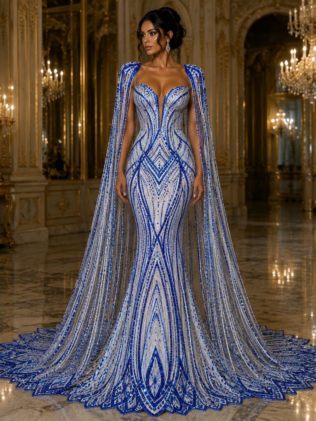 ROYAL BLUE - Geometric Luxury Lace  - Beaded Design with Embroidered Sequins and Beads On a Mesh Lace Fabric for Prom Dress By The Yard