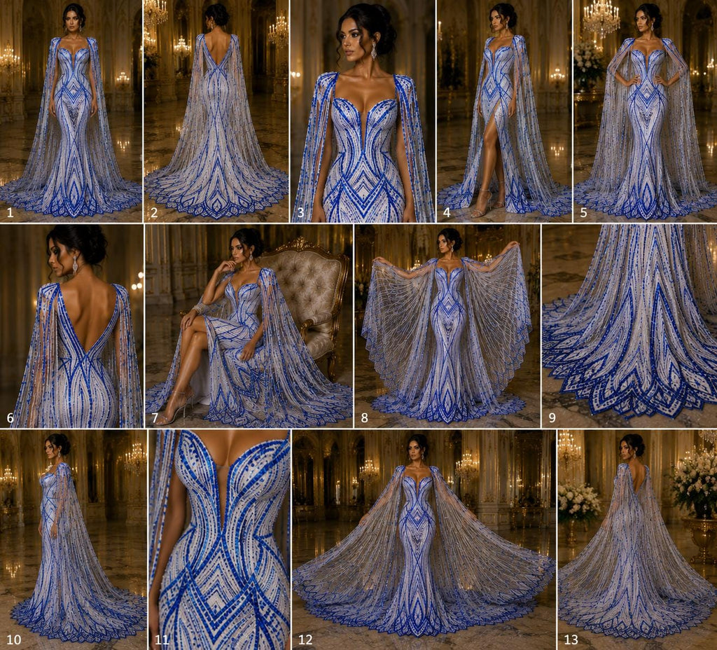 ROYAL BLUE - Geometric Luxury Lace  - Beaded Design with Embroidered Sequins and Beads On a Mesh Lace Fabric for Prom Dress By The Yard
