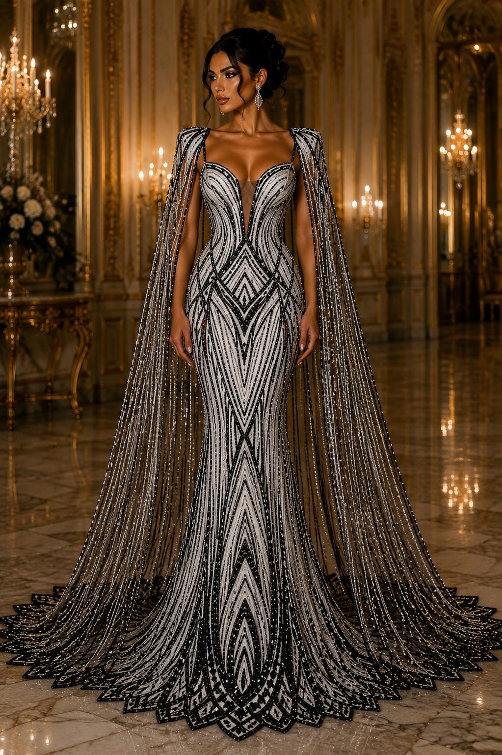 BLACK - Geometric Luxury Lace  - Beaded Design with Embroidered Sequins and Beads On a Mesh Lace Fabric for Prom Dress By The Yard