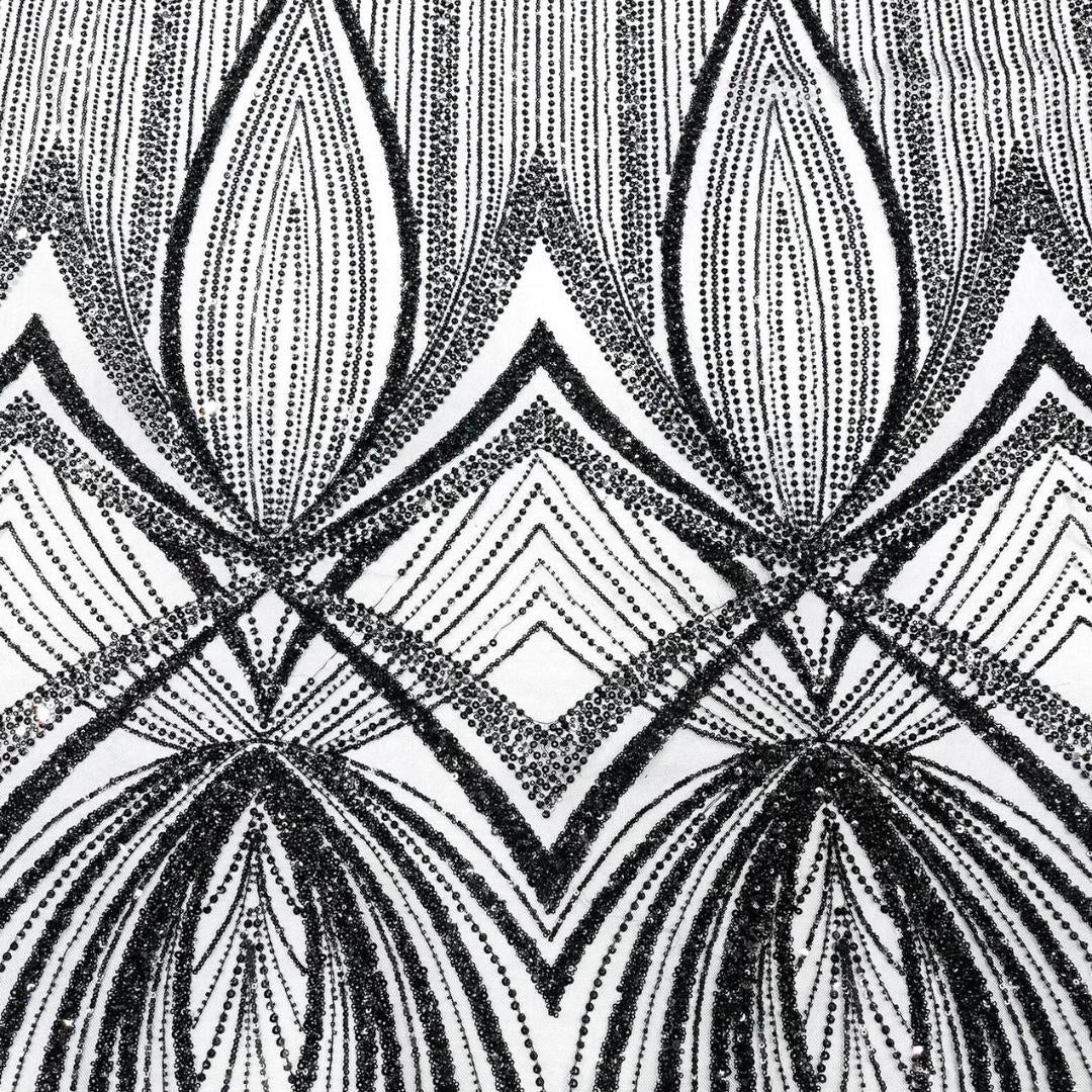 BLACK - Geometric Luxury Lace  - Beaded Design with Embroidered Sequins and Beads On a Mesh Lace Fabric for Prom Dress By The Yard