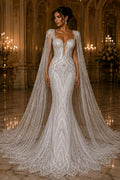 WHITE - Geometric Luxury Lace  - Beaded Design with Embroidered Sequins and Beads On a Mesh Lace Fabric for Prom Dress By The Yard