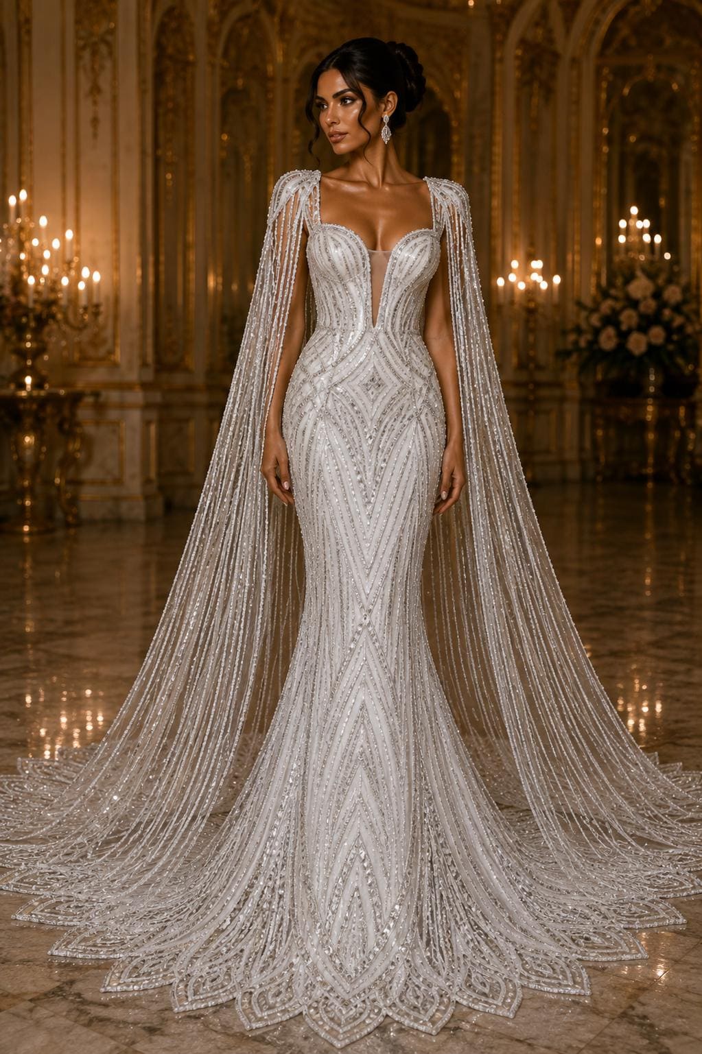 WHITE - Geometric Luxury Lace  - Beaded Design with Embroidered Sequins and Beads On a Mesh Lace Fabric for Prom Dress By The Yard