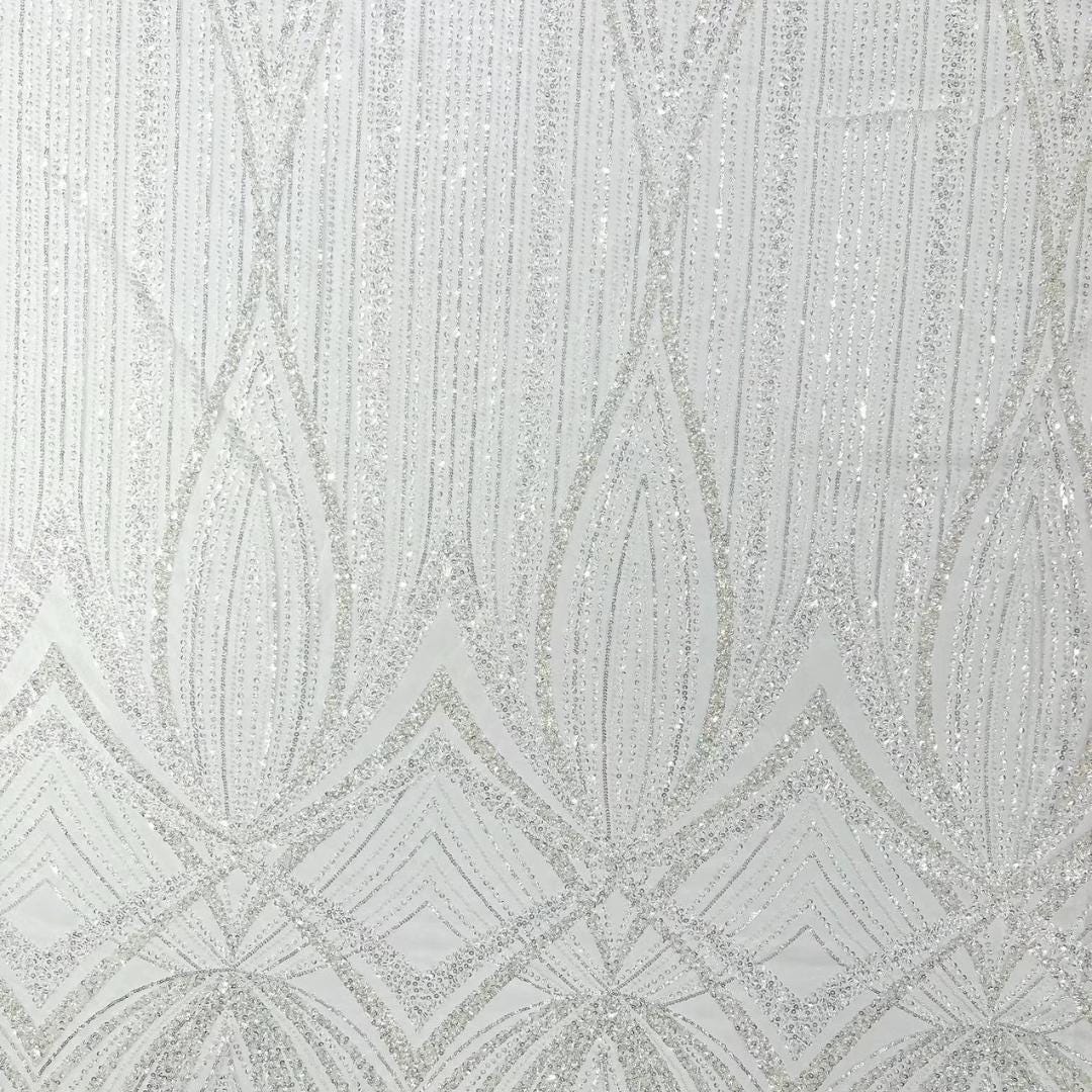 WHITE - Geometric Luxury Lace  - Beaded Design with Embroidered Sequins and Beads On a Mesh Lace Fabric for Prom Dress By The Yard
