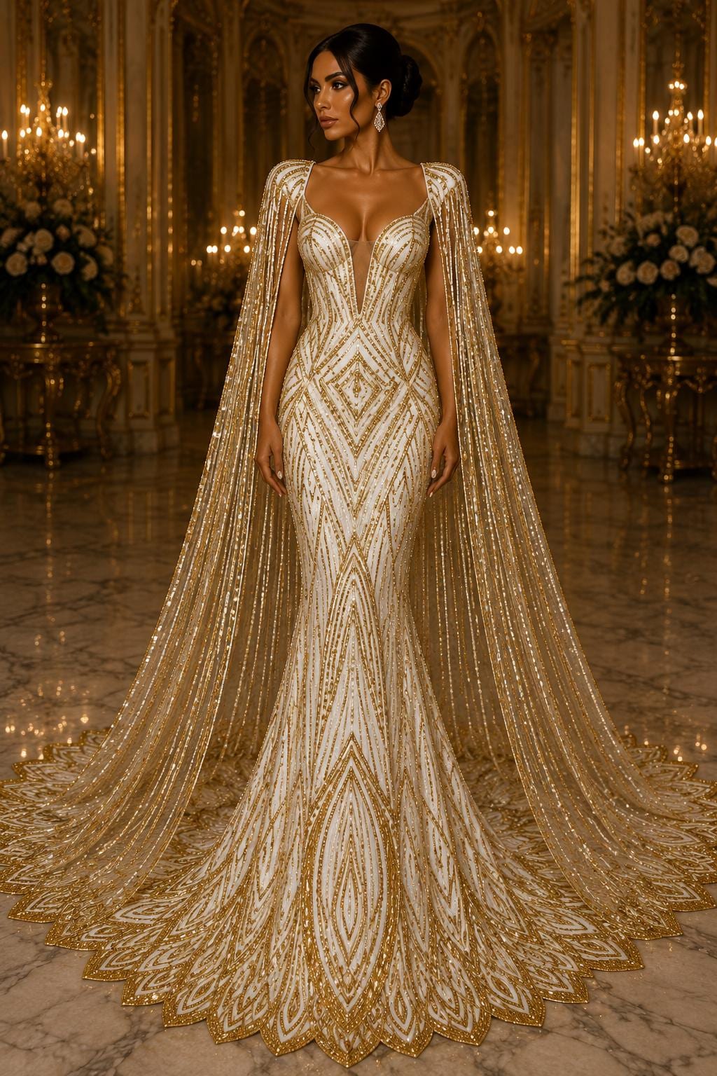 GOLD - Geometric Luxury Lace  - Beaded Design with Embroidered Sequins and Beads On a Mesh Lace Fabric for Prom Dress By The Yard