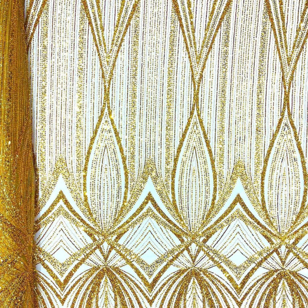 GOLD - Geometric Luxury Lace  - Beaded Design with Embroidered Sequins and Beads On a Mesh Lace Fabric for Prom Dress By The Yard
