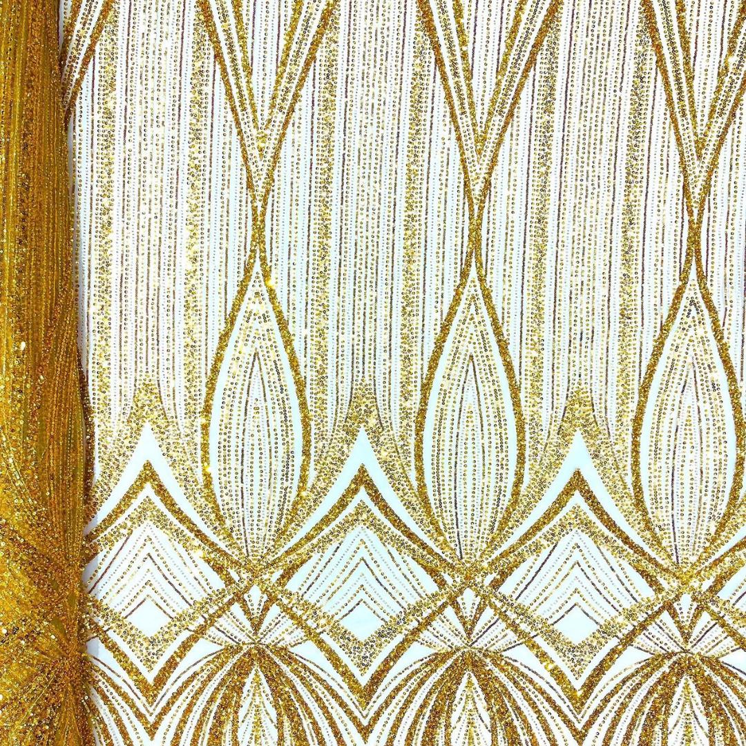 GOLD - Geometric Luxury Lace  - Beaded Design with Embroidered Sequins and Beads On a Mesh Lace Fabric for Prom Dress By The Yard