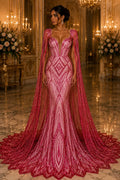 FUCHSIA - Geometric Luxury Lace  - Beaded Design with Embroidered Sequins and Beads On a Mesh Lace Fabric for Prom Dress By The Yard