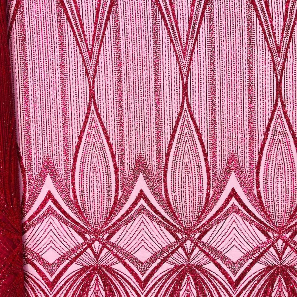 FUCHSIA - Geometric Luxury Lace  - Beaded Design with Embroidered Sequins and Beads On a Mesh Lace Fabric for Prom Dress By The Yard