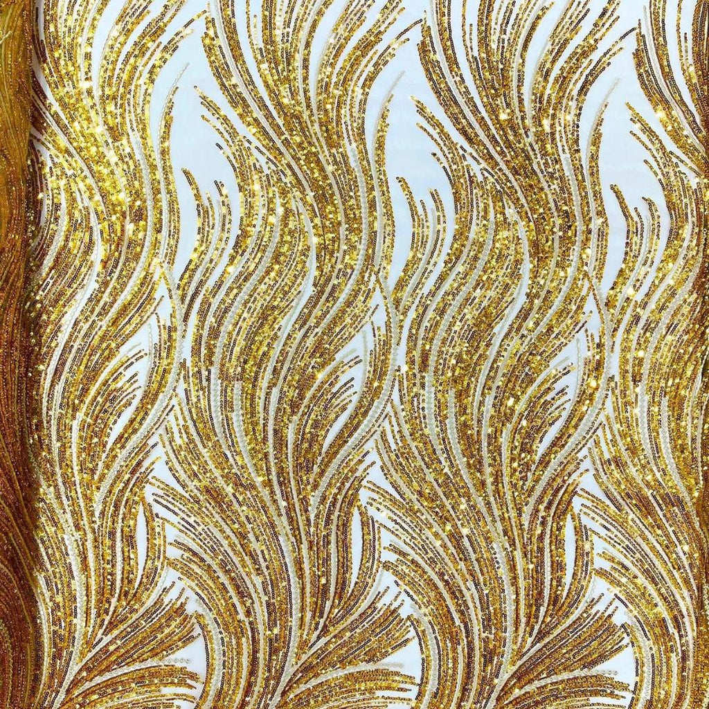 Luxury Lace - Gold - Beaded Flame Design with Embroidered Sequins and Beads On a Mesh Lace Fabric for Prom Dress By The Yard