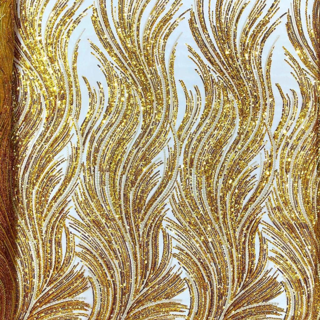 Luxury Lace - Gold - Beaded Flame Design with Embroidered Sequins and Beads On a Mesh Lace Fabric for Prom Dress By The Yard
