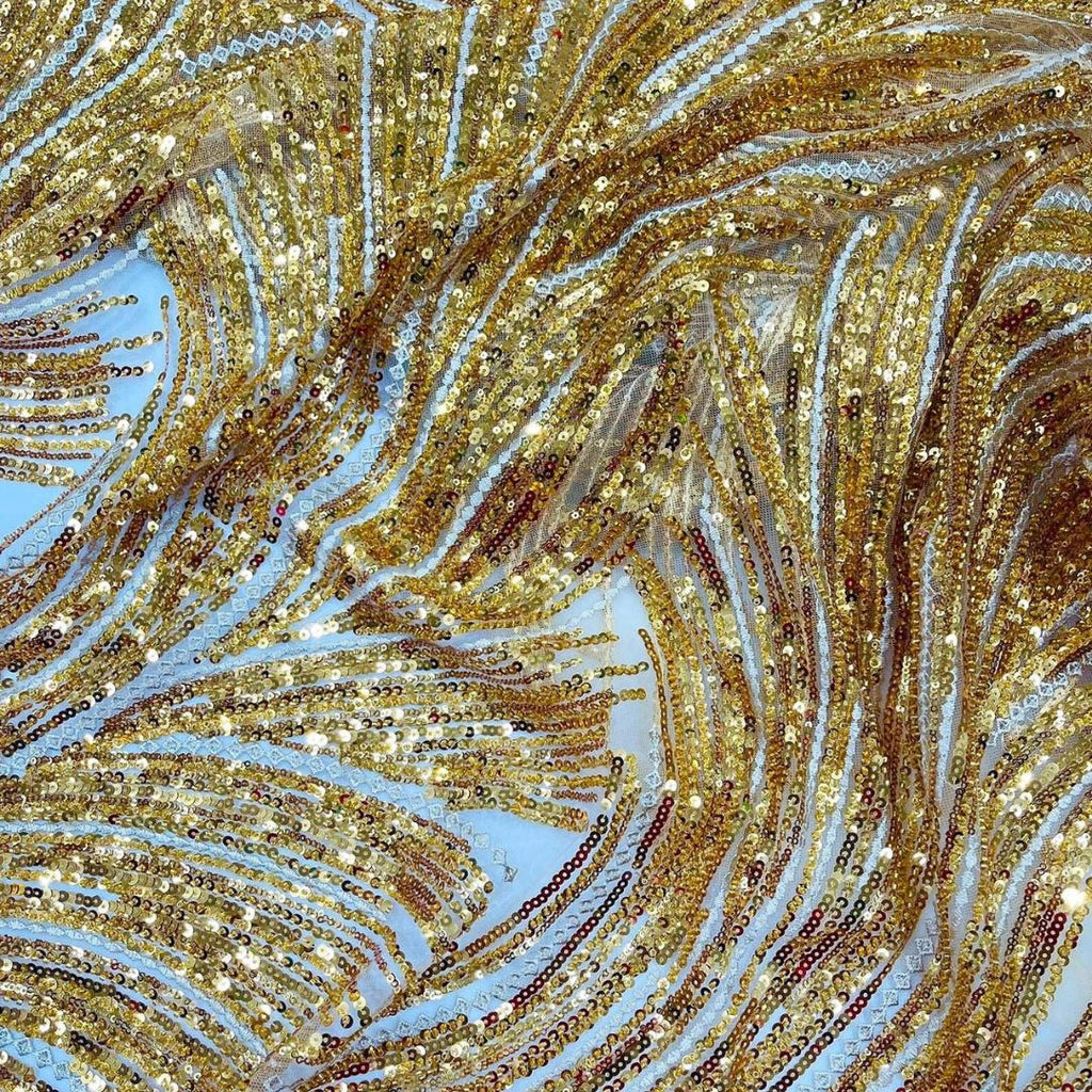 Luxury Lace - Gold - Beaded Flame Design with Embroidered Sequins and Beads On a Mesh Lace Fabric for Prom Dress By The Yard