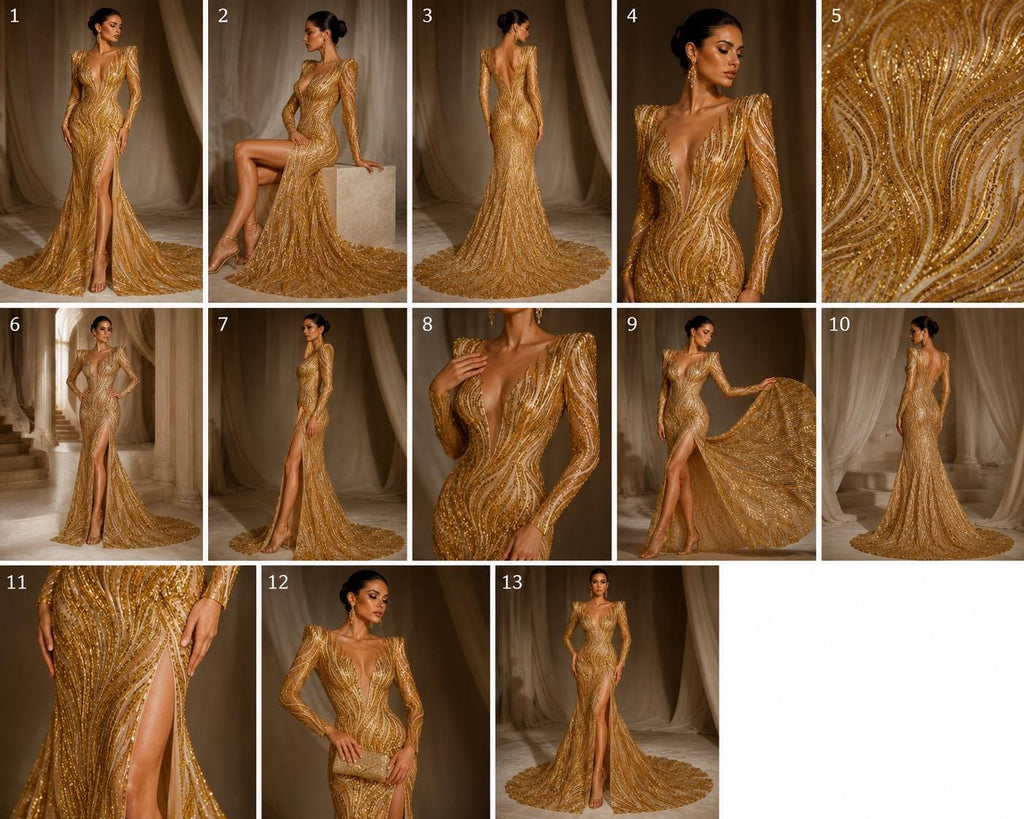 Luxury Lace - Gold - Beaded Flame Design with Embroidered Sequins and Beads On a Mesh Lace Fabric for Prom Dress By The Yard