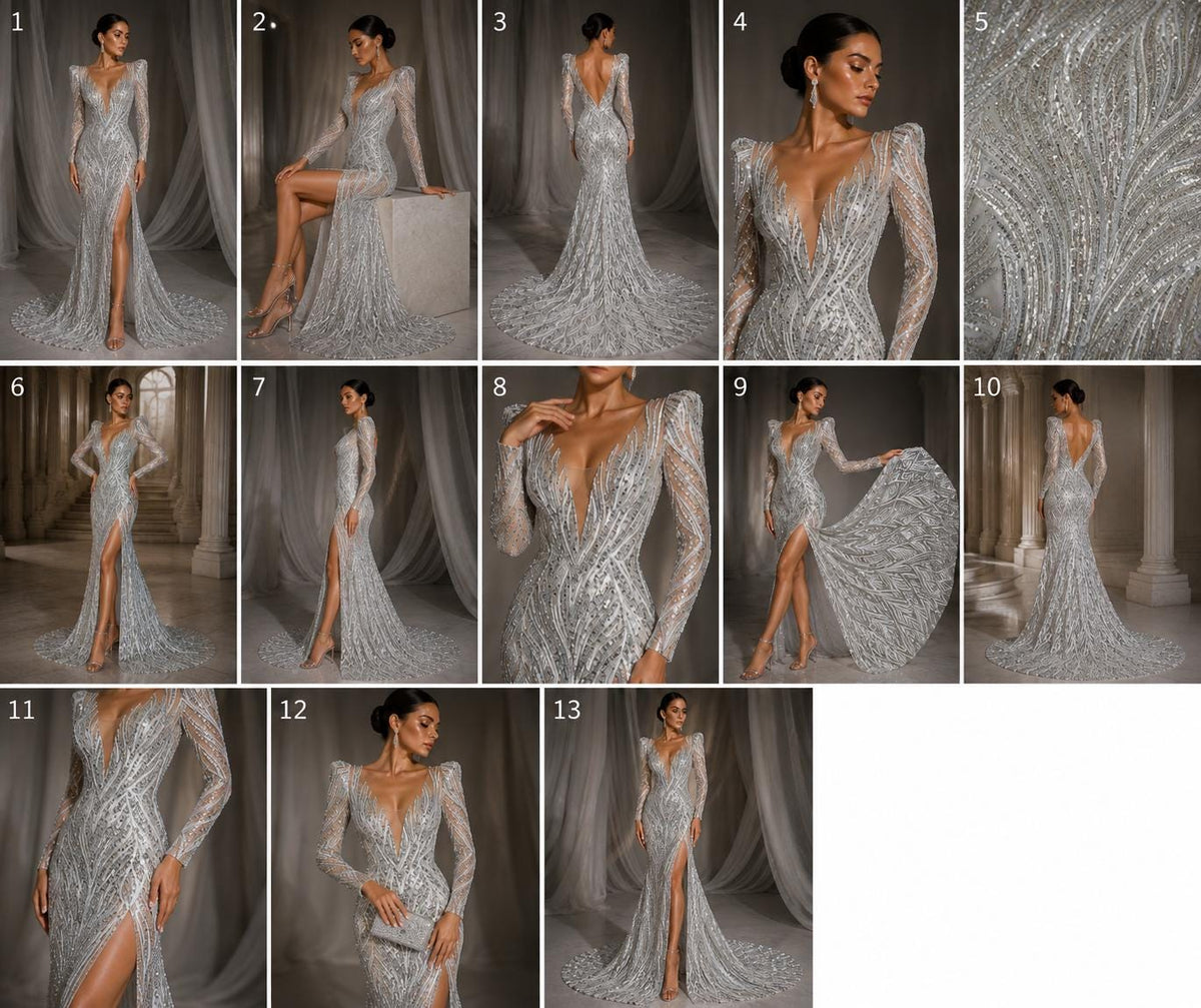 Luxury Lace - Silver - Beaded Flame Design with Embroidered Sequins and Beads On a Mesh Lace Fabric for Prom Dress By The Yard