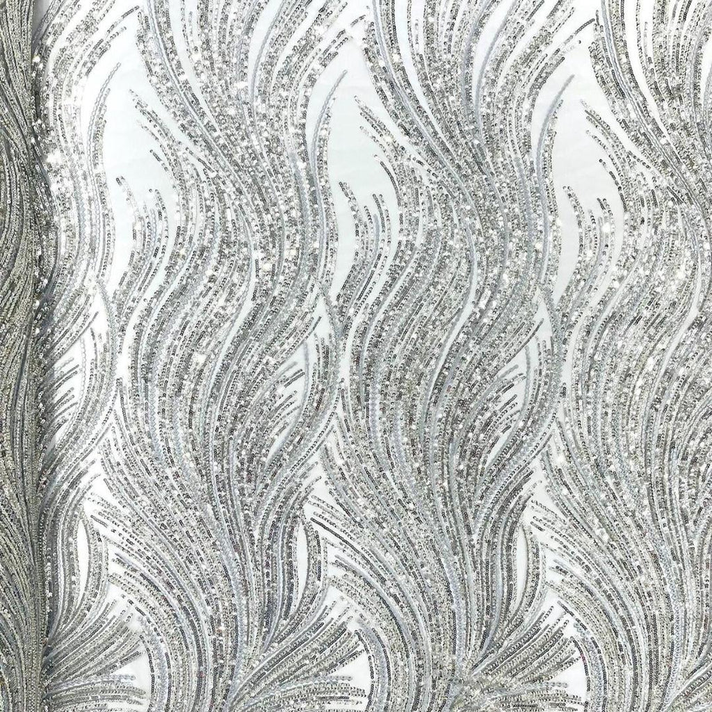 Luxury Lace - Silver - Beaded Flame Design with Embroidered Sequins and Beads On a Mesh Lace Fabric for Prom Dress By The Yard