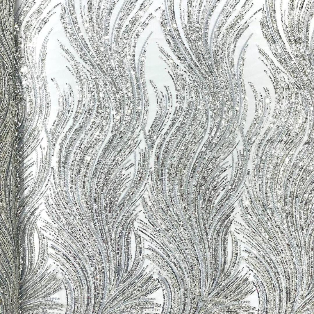 Luxury Lace - Silver - Beaded Flame Design with Embroidered Sequins and Beads On a Mesh Lace Fabric for Prom Dress By The Yard