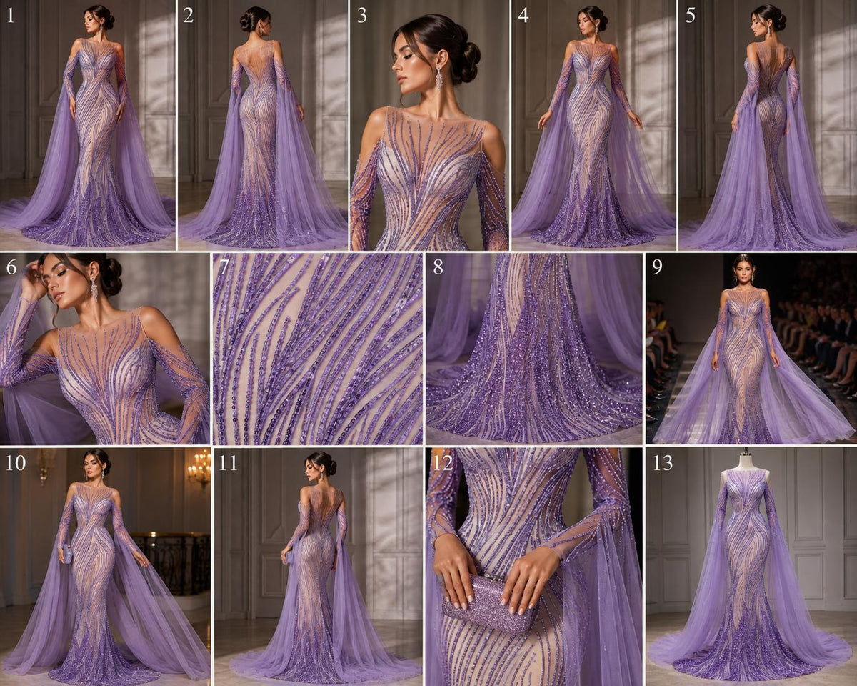 Luxury Lace - LILAC - Beaded Design with Embroidered Sequins and Beads On a Mesh Lace Fabric for Prom Dress By The Yard