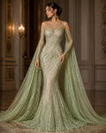 Luxury Lace - SAGE - Beaded Design with Embroidered Sequins and Beads On a Mesh Lace Fabric for Prom Dress By The Yard