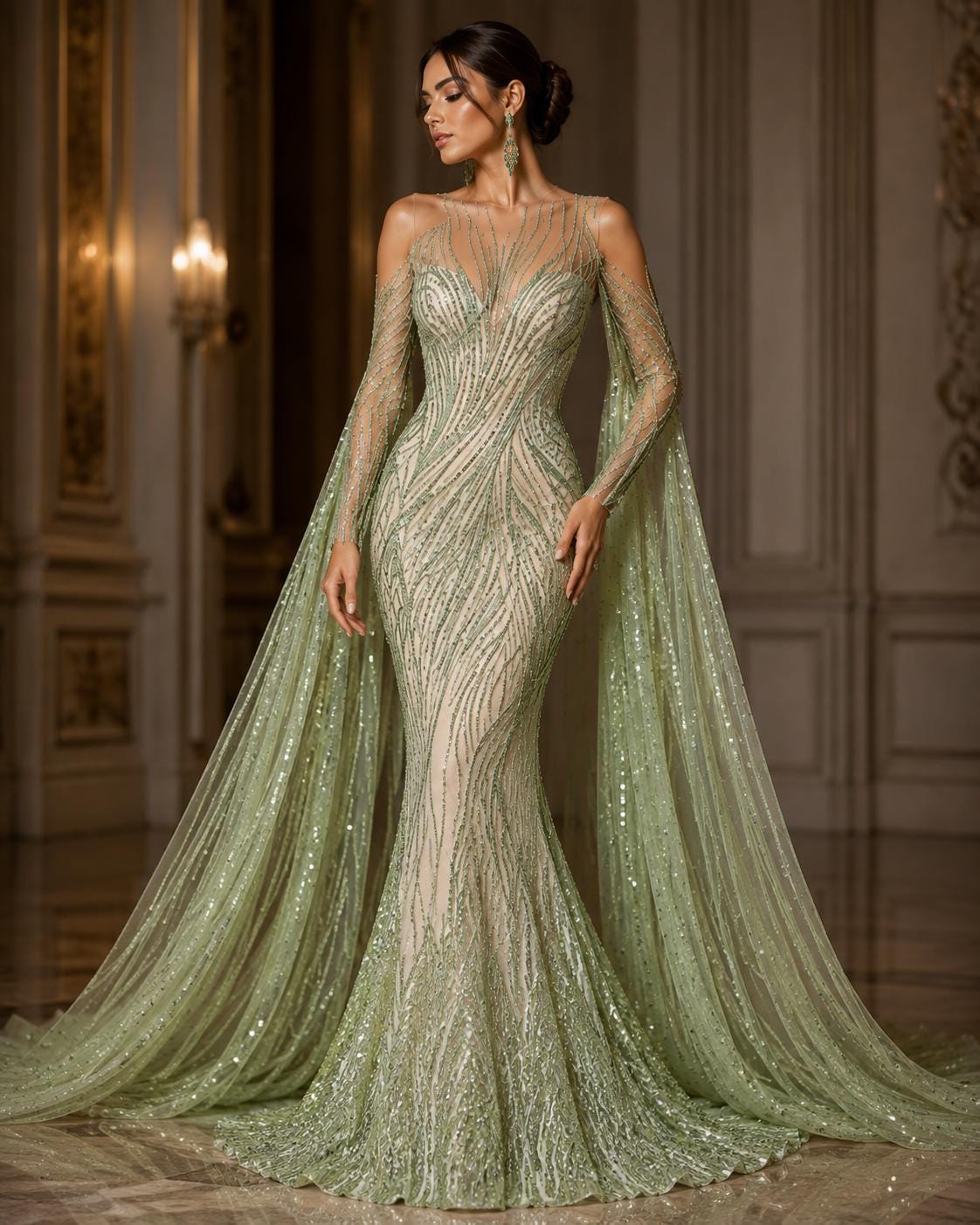 Luxury Lace - SAGE - Beaded Design with Embroidered Sequins and Beads On a Mesh Lace Fabric for Prom Dress By The Yard