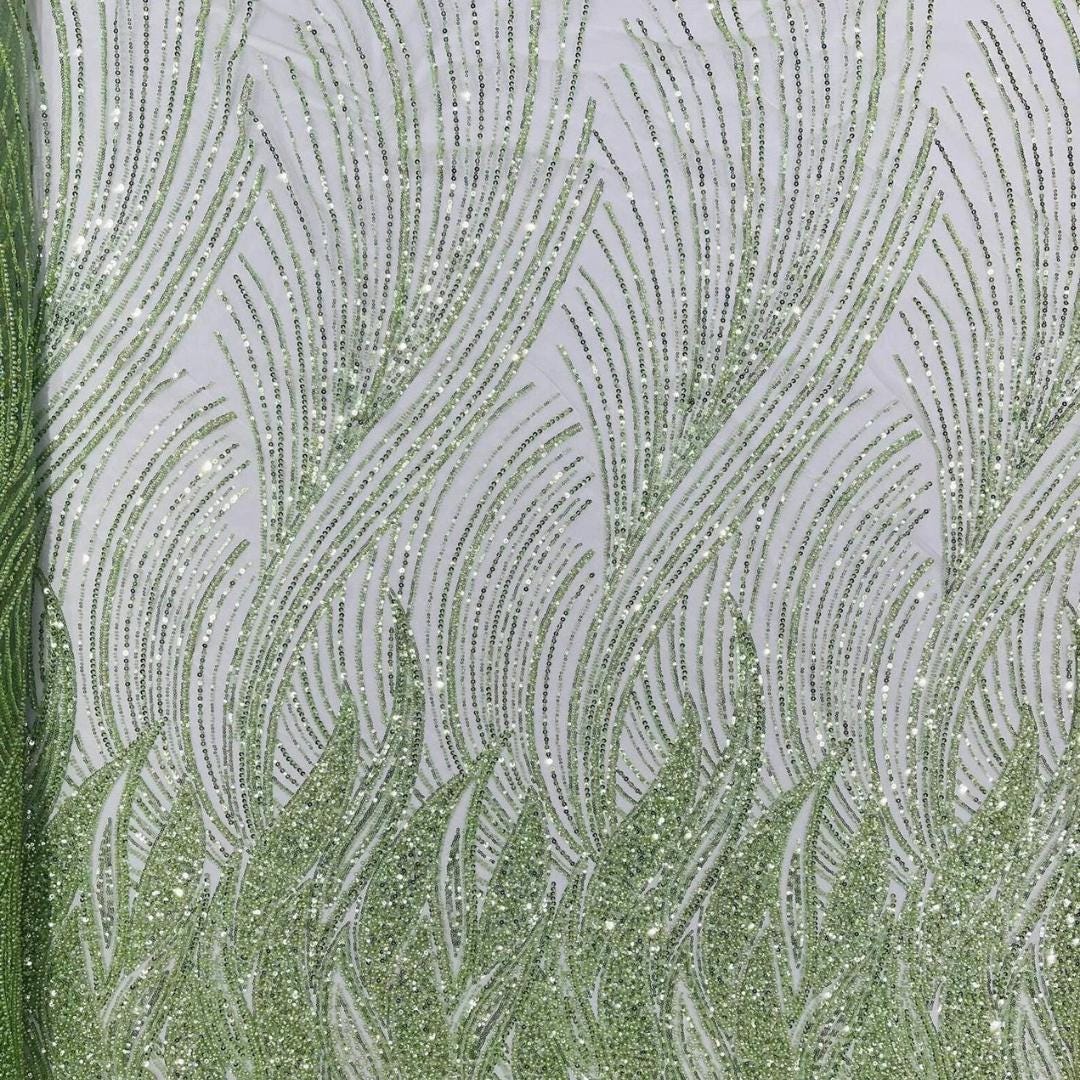 Luxury Lace - SAGE - Beaded Design with Embroidered Sequins and Beads On a Mesh Lace Fabric for Prom Dress By The Yard