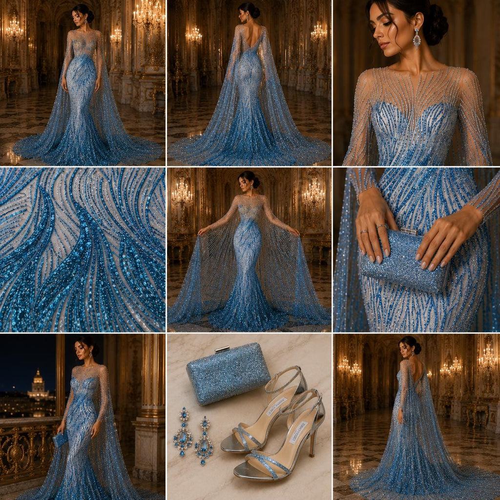 Luxury Lace - TURQUOISE - Beaded Design with Embroidered Sequins and Beads On a Mesh Lace Fabric for Prom Dress By The Yard