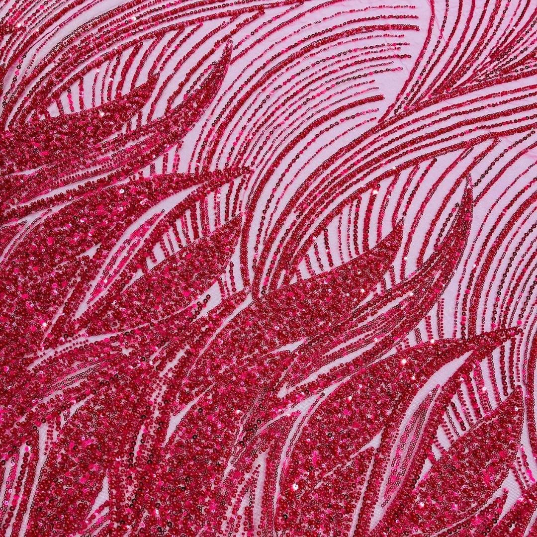 Luxury Lace - FUCHSIA - Beaded Design with Embroidered Sequins and Beads On a Mesh Lace Fabric for Prom Dress By The Yard