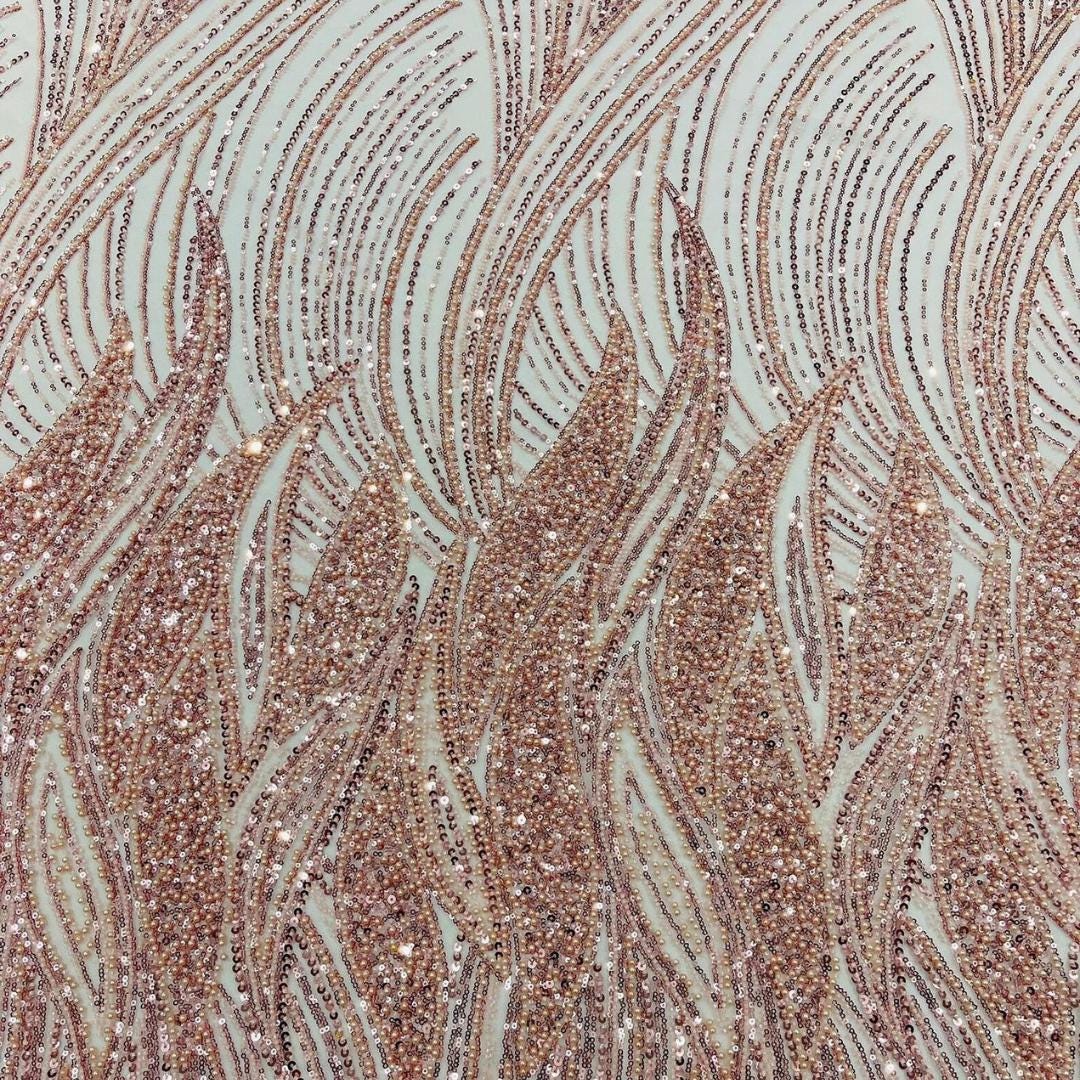 Luxury Lace - PINK - Beaded Design with Embroidered Sequins and Beads On a Mesh Lace Fabric for Prom Dress By The Yard