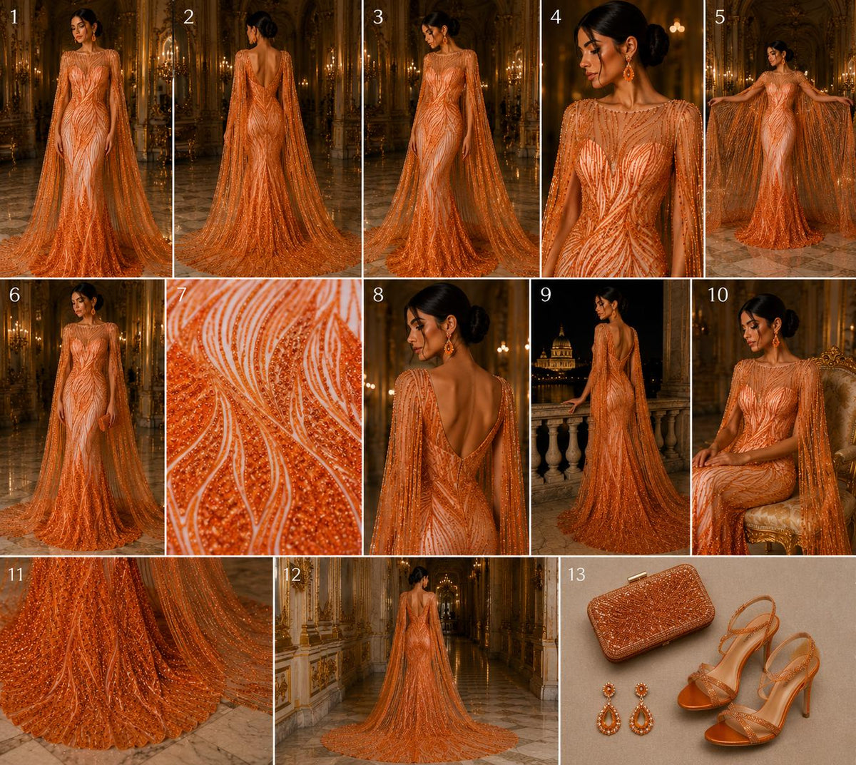 Luxury Lace - ORANGE - Beaded Design with Embroidered Sequins and Beads On a Mesh Lace Fabric for Prom Dress By The Yard