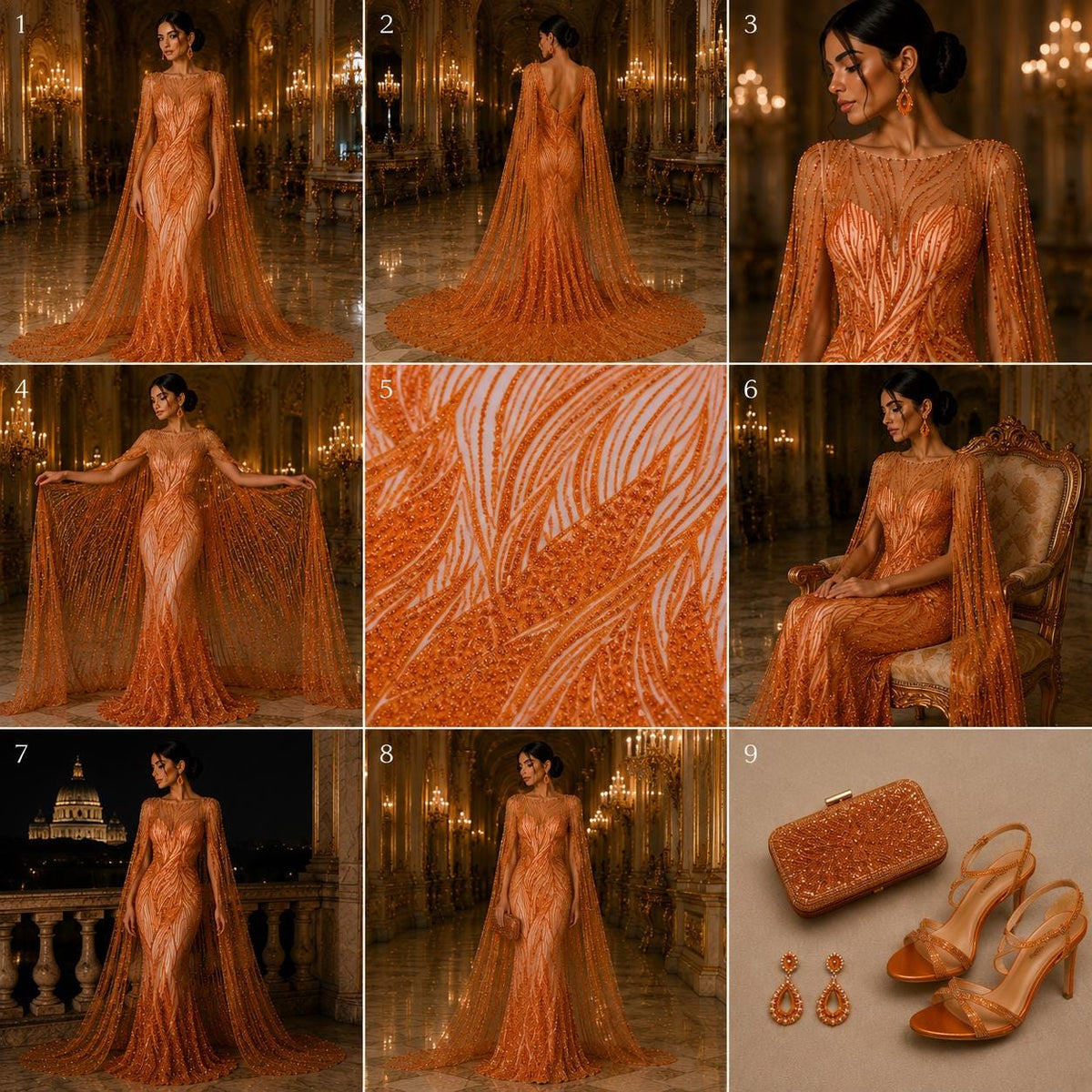 Luxury Lace - ORANGE - Beaded Design with Embroidered Sequins and Beads On a Mesh Lace Fabric for Prom Dress By The Yard