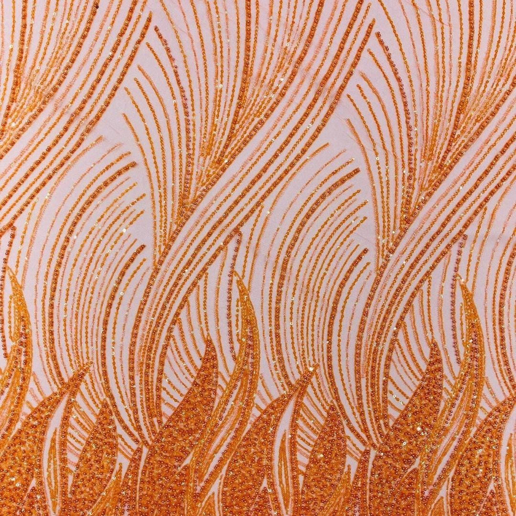 Luxury Lace - ORANGE - Beaded Design with Embroidered Sequins and Beads On a Mesh Lace Fabric for Prom Dress By The Yard