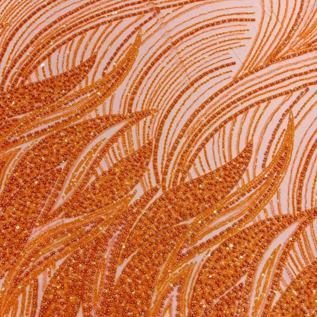 Luxury Lace - ORANGE - Beaded Design with Embroidered Sequins and Beads On a Mesh Lace Fabric for Prom Dress By The Yard
