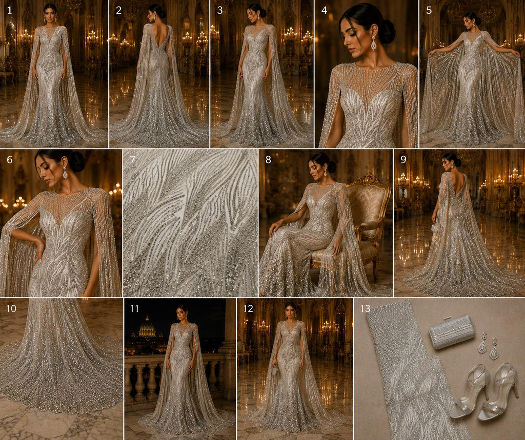 Luxury Lace - SILVER - Beaded Design with Embroidered Sequins and Beads On a Mesh Lace Fabric for Prom Dress By The Yard