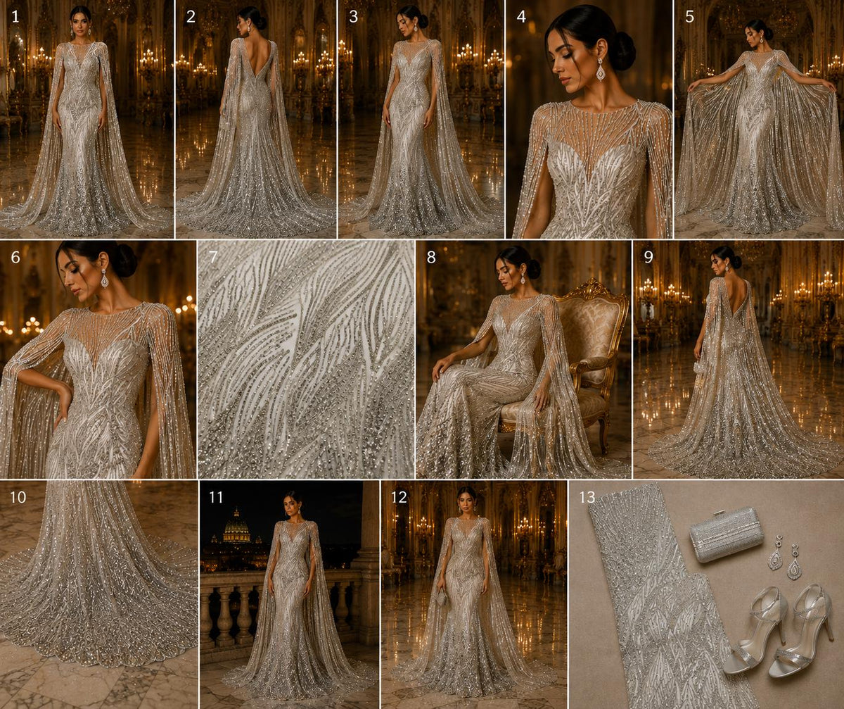 Luxury Lace - SILVER - Beaded Design with Embroidered Sequins and Beads On a Mesh Lace Fabric for Prom Dress By The Yard