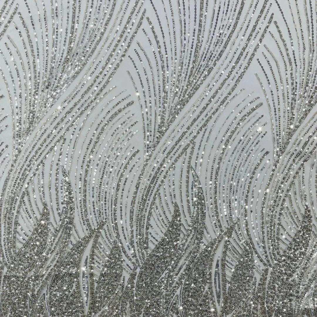 Luxury Lace - SILVER - Beaded Design with Embroidered Sequins and Beads On a Mesh Lace Fabric for Prom Dress By The Yard