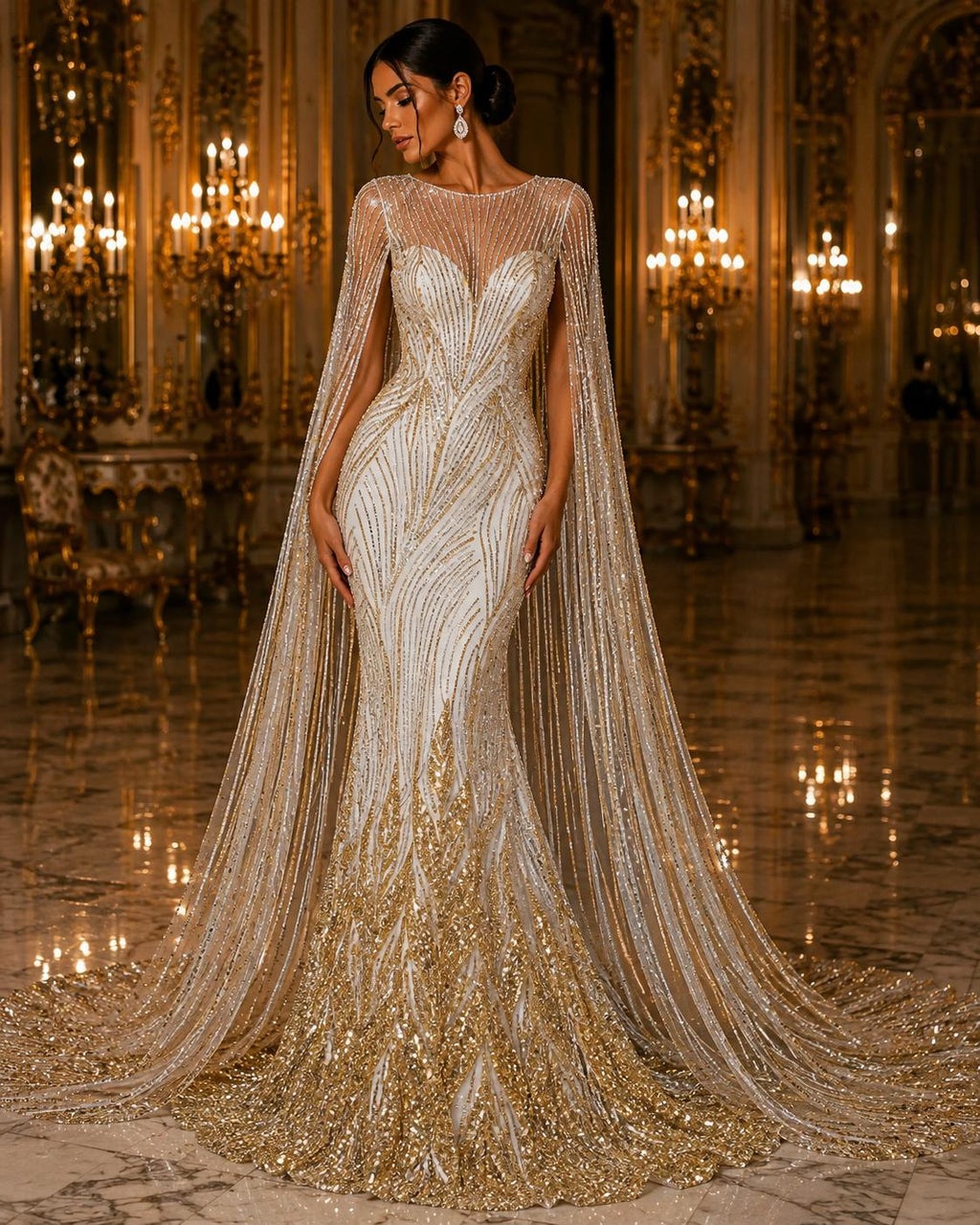 Luxury Lace - GOLD - Beaded Design with Embroidered Sequins and Beads On a Mesh Lace Fabric for Prom Dress By The Yard