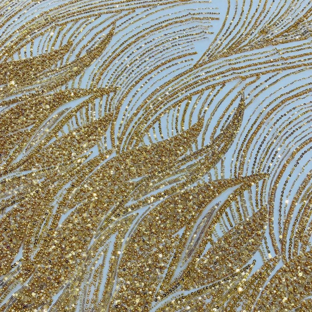 Luxury Lace - GOLD - Beaded Design with Embroidered Sequins and Beads On a Mesh Lace Fabric for Prom Dress By The Yard