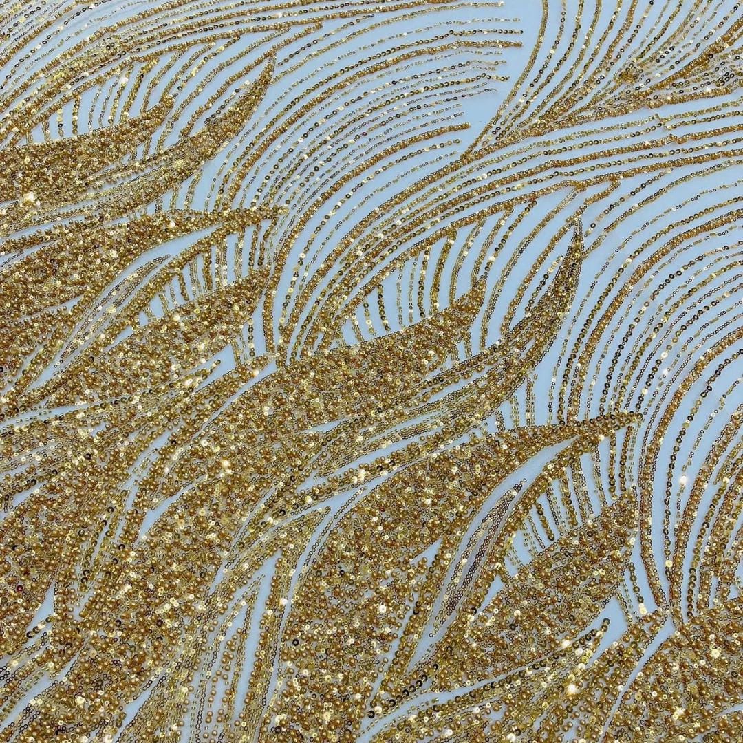 Luxury Lace - GOLD - Beaded Design with Embroidered Sequins and Beads On a Mesh Lace Fabric for Prom Dress By The Yard