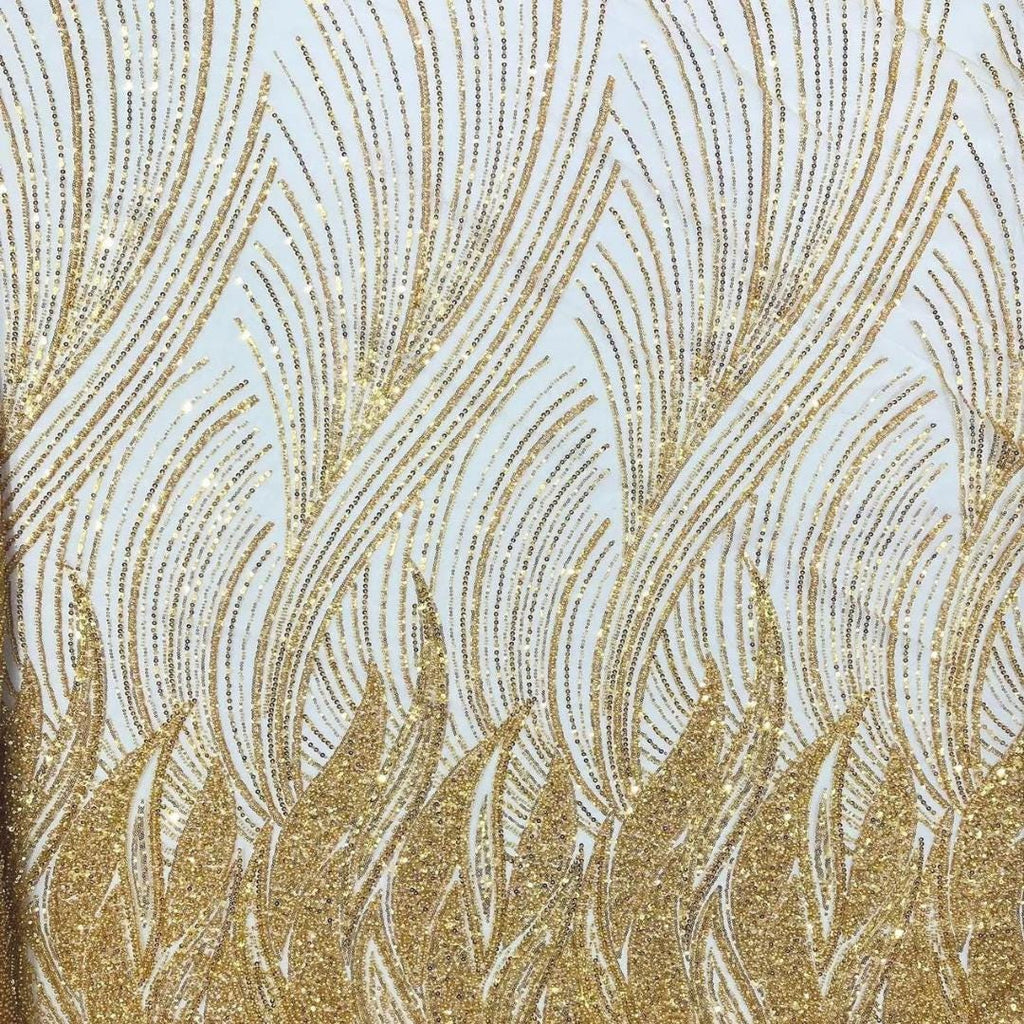 Luxury Lace - GOLD - Beaded Design with Embroidered Sequins and Beads On a Mesh Lace Fabric for Prom Dress By The Yard