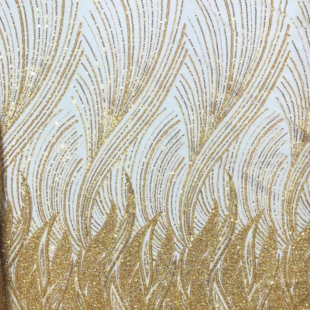 Luxury Lace - GOLD - Beaded Design with Embroidered Sequins and Beads On a Mesh Lace Fabric for Prom Dress By The Yard