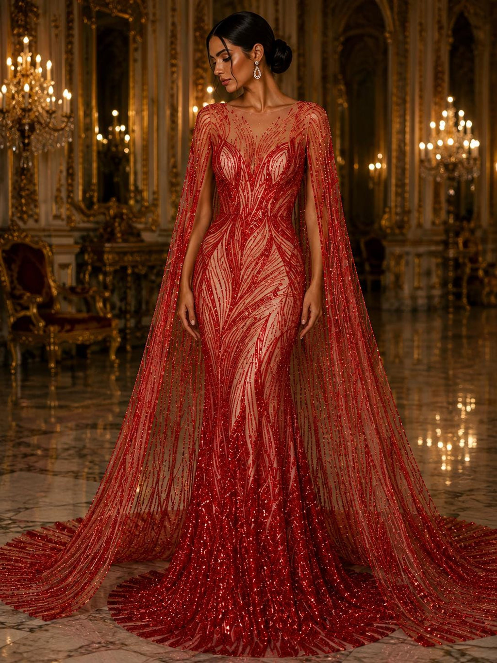 Luxury Lace - RED - Beaded Design with Embroidered Sequins and Beads On a Mesh Lace Fabric for Prom Dress By The Yard