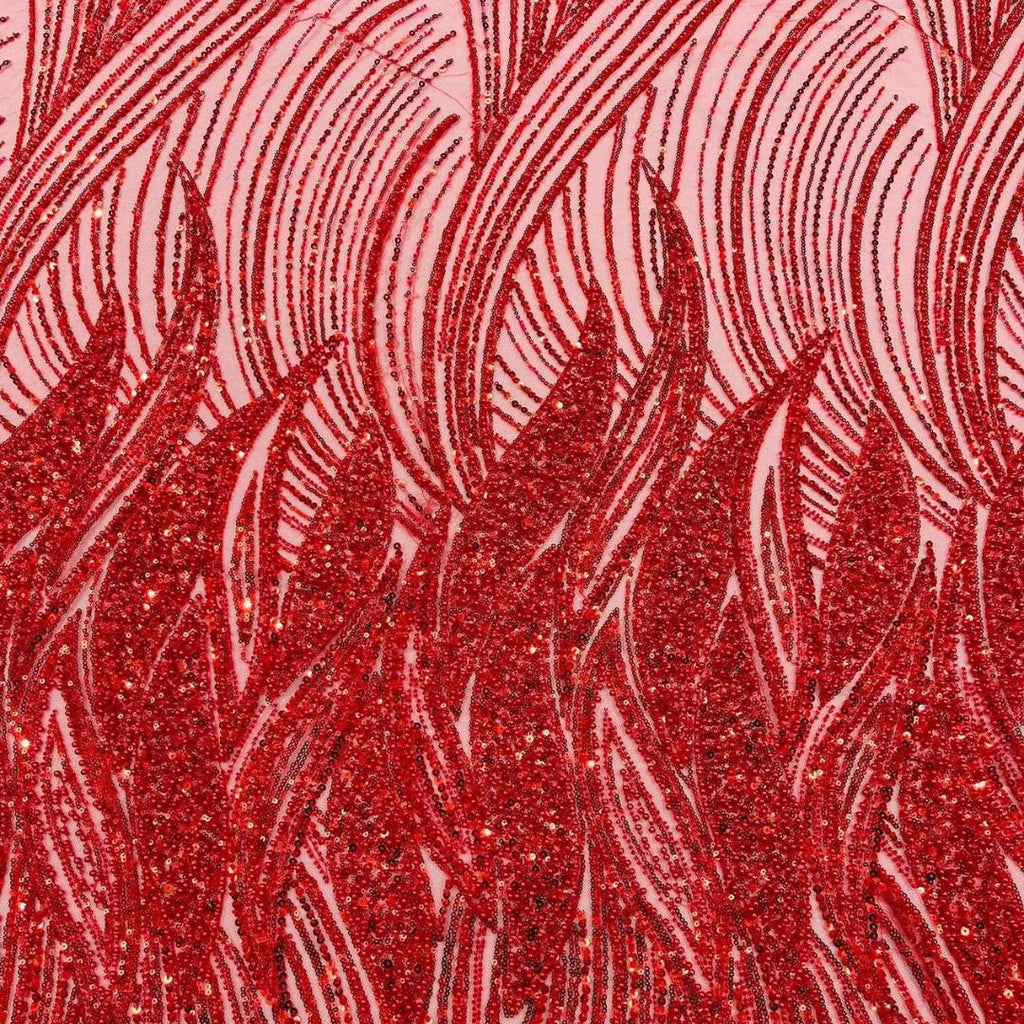 Luxury Lace - RED - Beaded Design with Embroidered Sequins and Beads On a Mesh Lace Fabric for Prom Dress By The Yard