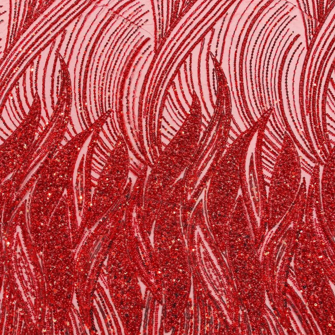 Luxury Lace - RED - Beaded Design with Embroidered Sequins and Beads On a Mesh Lace Fabric for Prom Dress By The Yard