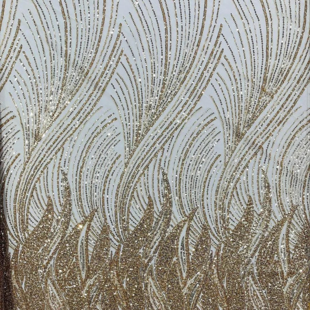 Luxury Lace - CHAMPAGNE - Beaded Design with Embroidered Sequins and Beads On a Mesh Lace Fabric for Prom Dress By The Yard