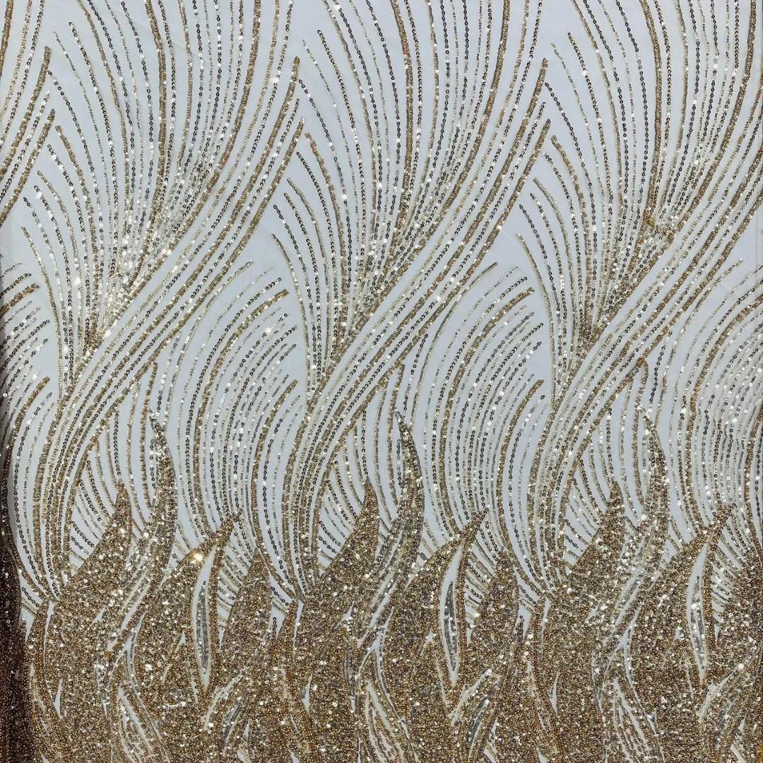 Luxury Lace - CHAMPAGNE - Beaded Design with Embroidered Sequins and Beads On a Mesh Lace Fabric for Prom Dress By The Yard